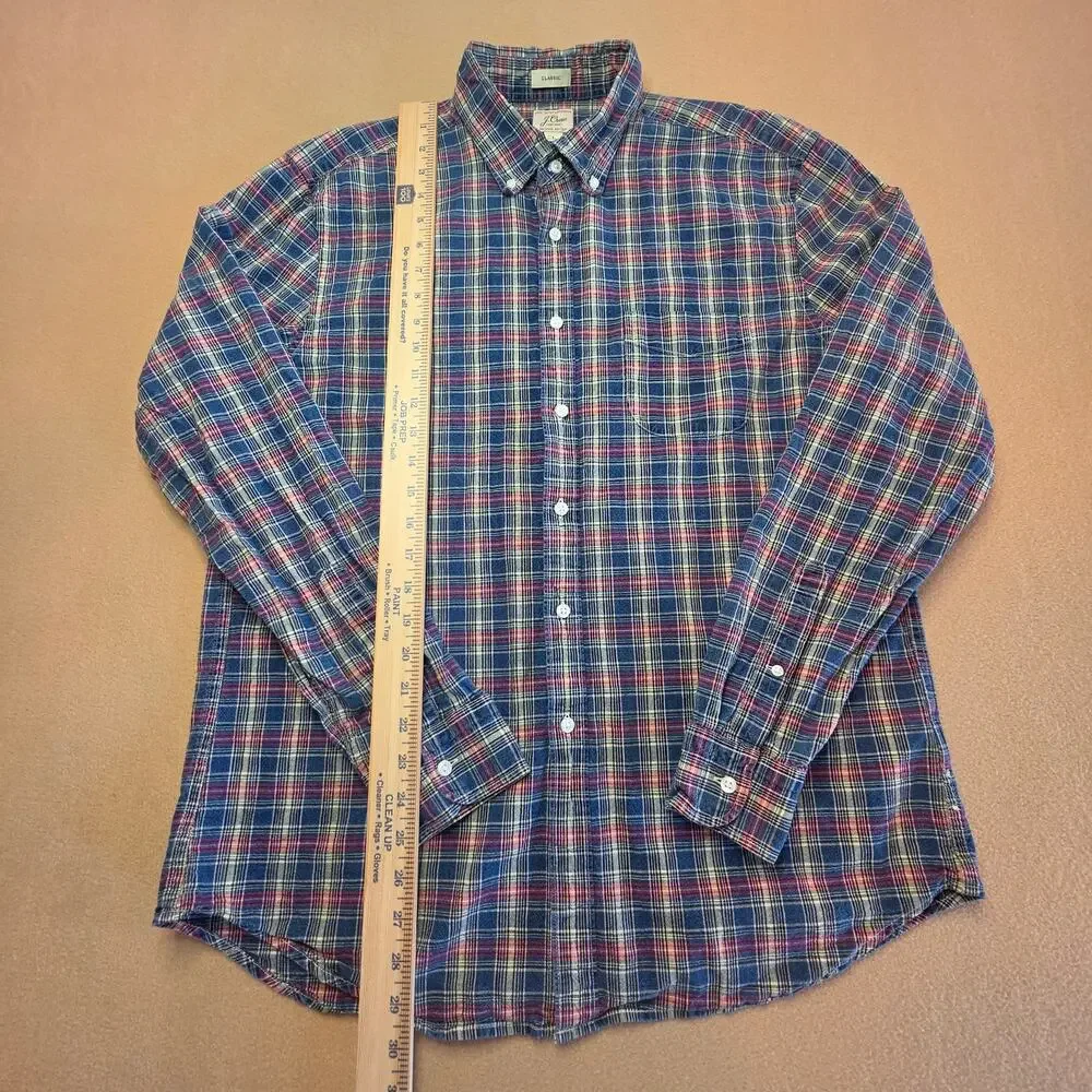 J.Crew Organic Cotton Indigo Chambray Plaid Button-Down Shirt Blue Red Sz Large